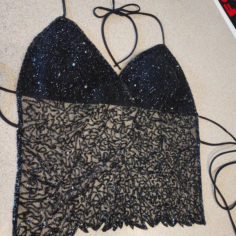 Heart Moon Star Black Beaded Halter top Size L (runs small)